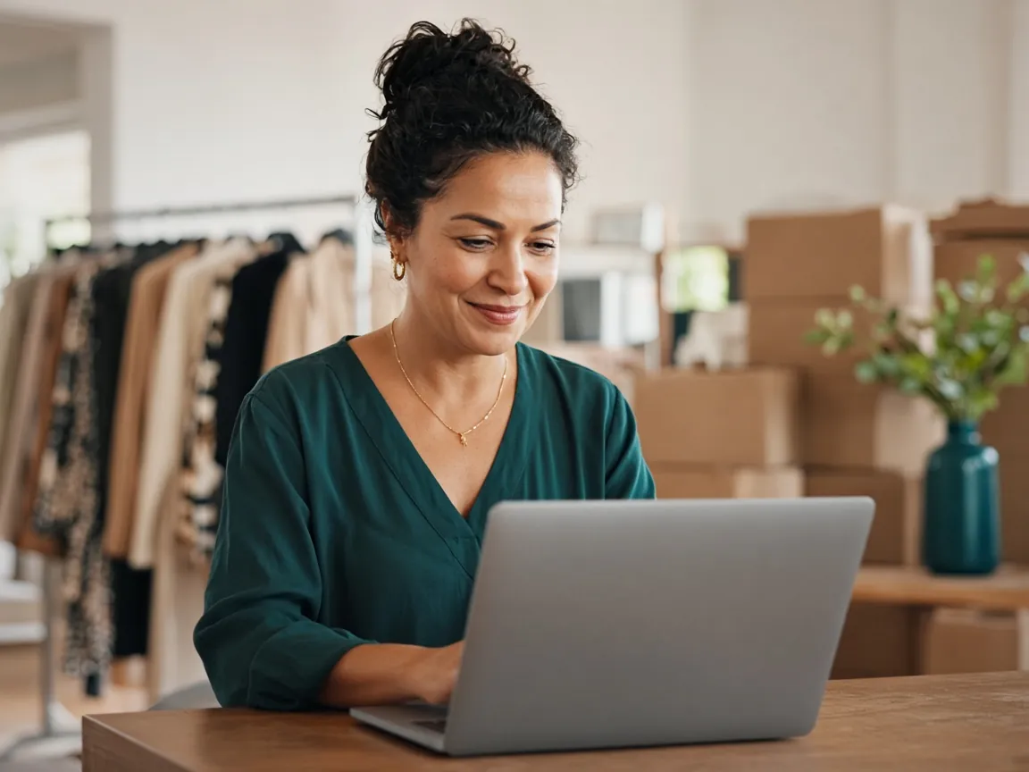 Dona de e-commerce de moda trabalhando no notebook, com araras e caixas ao fundo