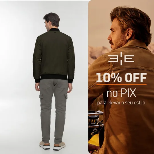 Moldura 10% OFF no Pix da Hangar33 aplicada à jaqueta verde