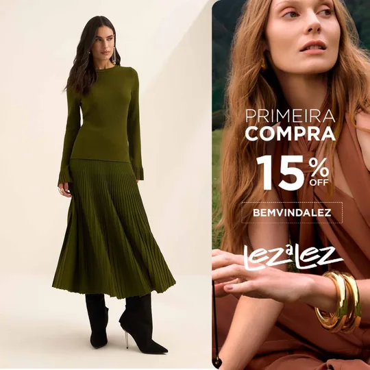 Moldura Primeira compra 15% OFF da Lez a Lez aplicada à blusa de tricô