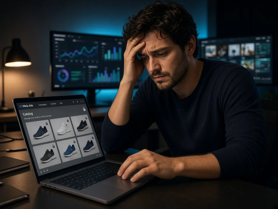 Gestor de tráfego aflito diante do notebook, sem conseguir editar as campanhas de catálogo